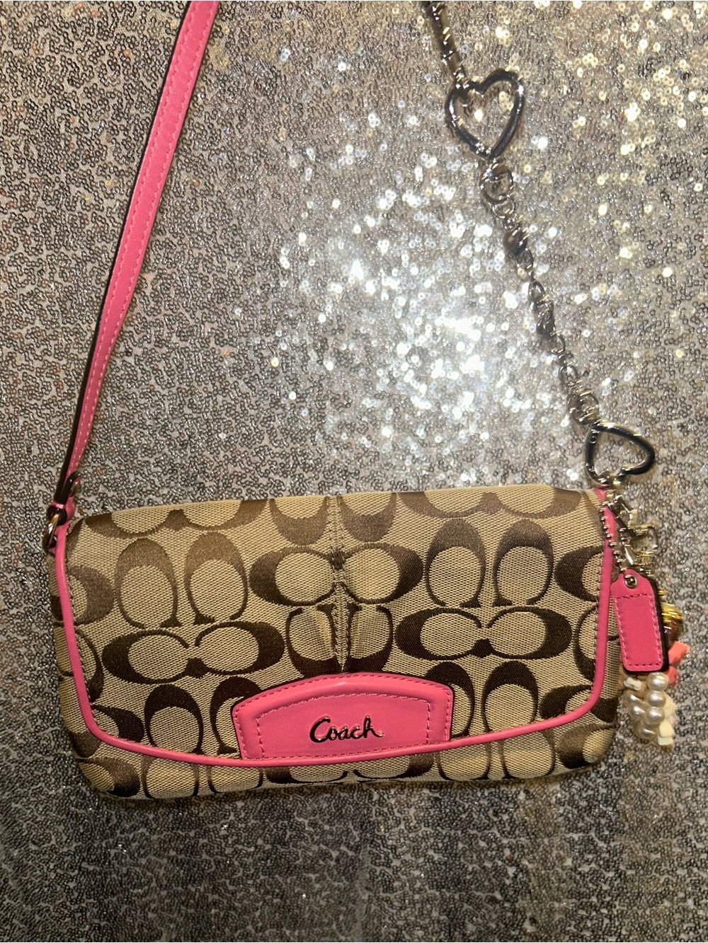 Coach Brown Signature Canvas Wristlet with Pink Trim